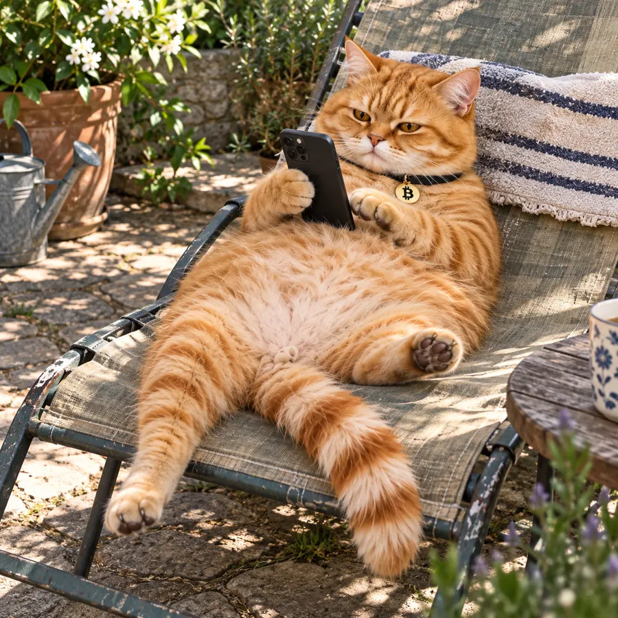 The SATS cat lazily stacking on his phone on a garden sun lounger.